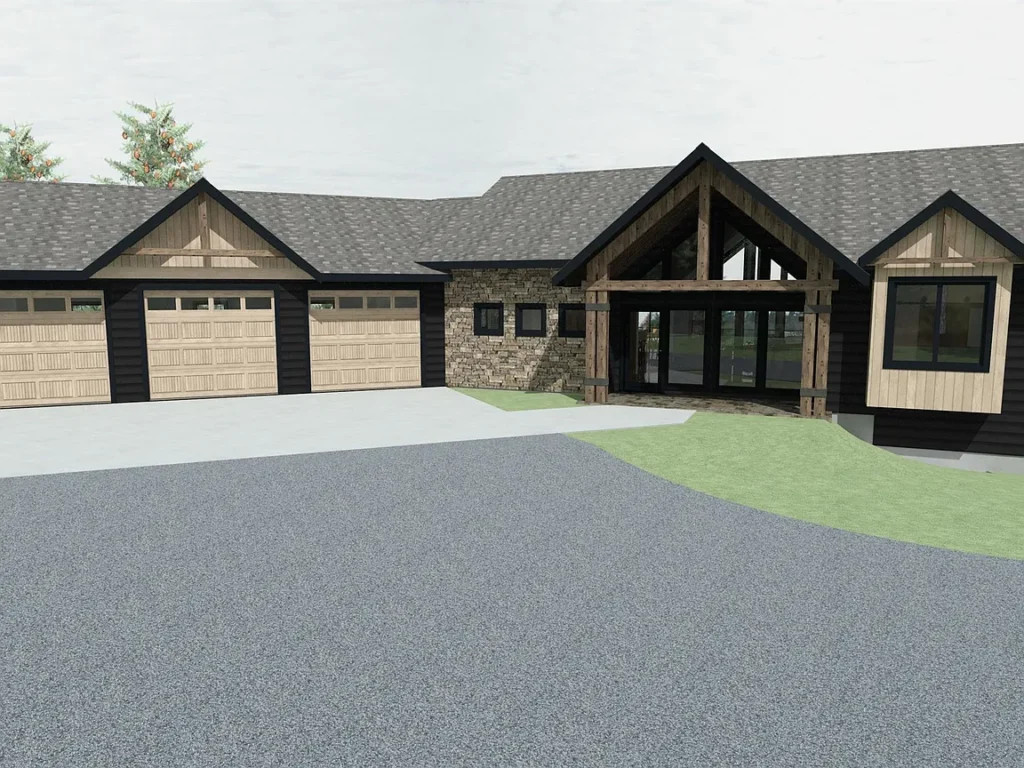 Exterior view of a custom home at 21385 Trailside Rd in Lead, South Dakota, built by Legacy Custom Homes & Design, featuring a three-car garage, stone accents, and timber-frame entry in a modern mountain style.